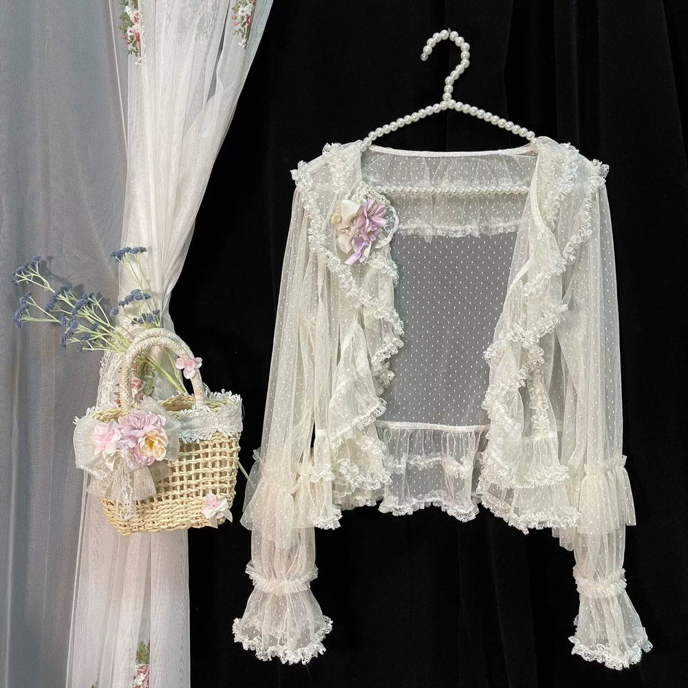 Sweetheart Dream Machine Flower Wall straight-cut cardigan overlay with layered ruffles.