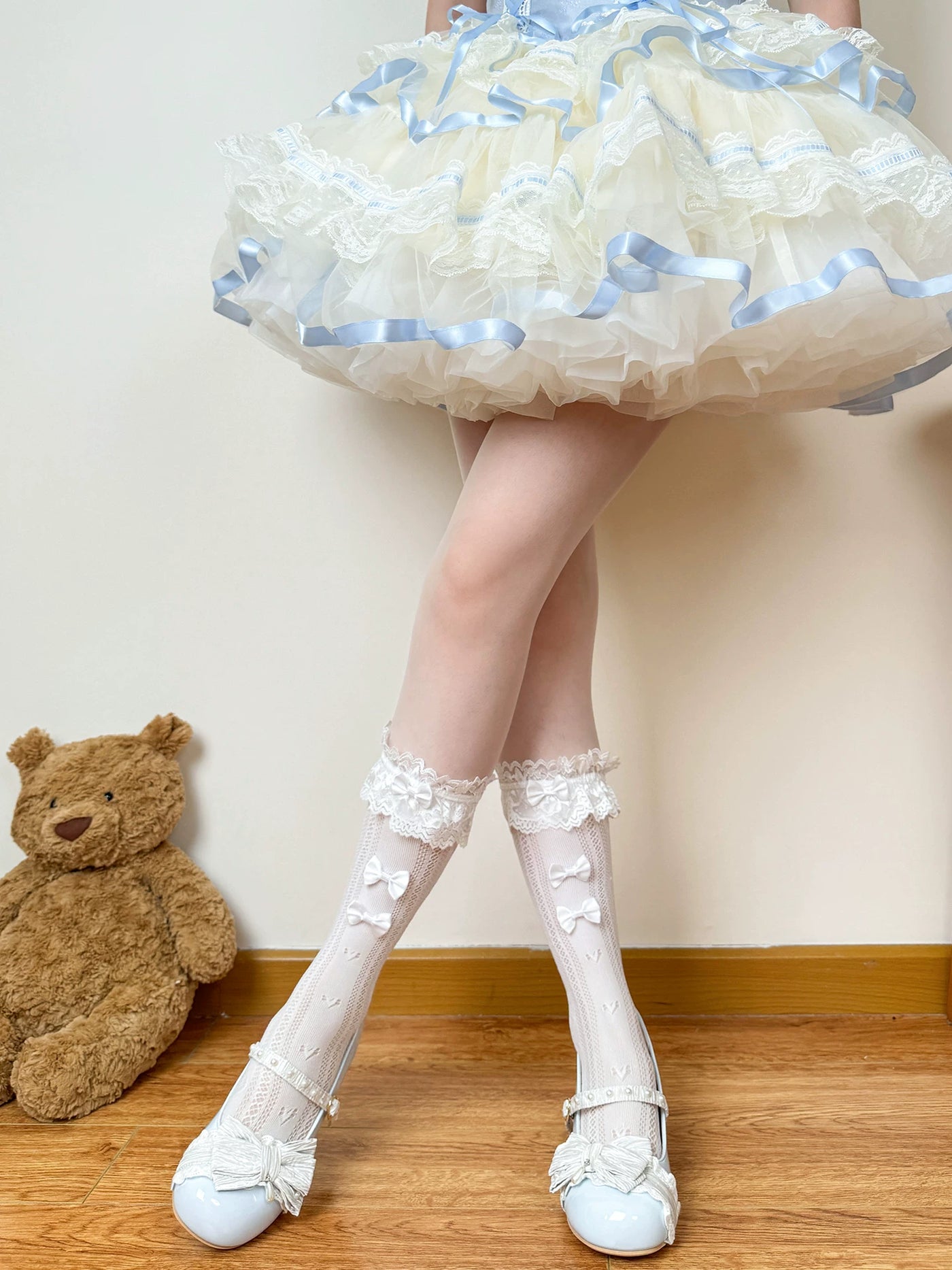 Chubby Bear Tales - Olive - Openwork Lace Mid-Calf Socks with Ribbon Bows