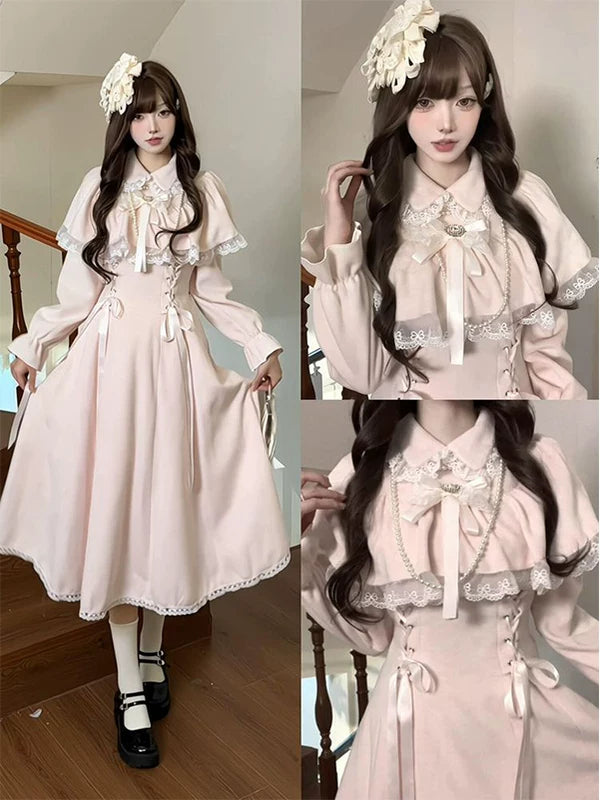 Pale pink Creamy dress with a lace capelet layer and ribbon details worn by a model