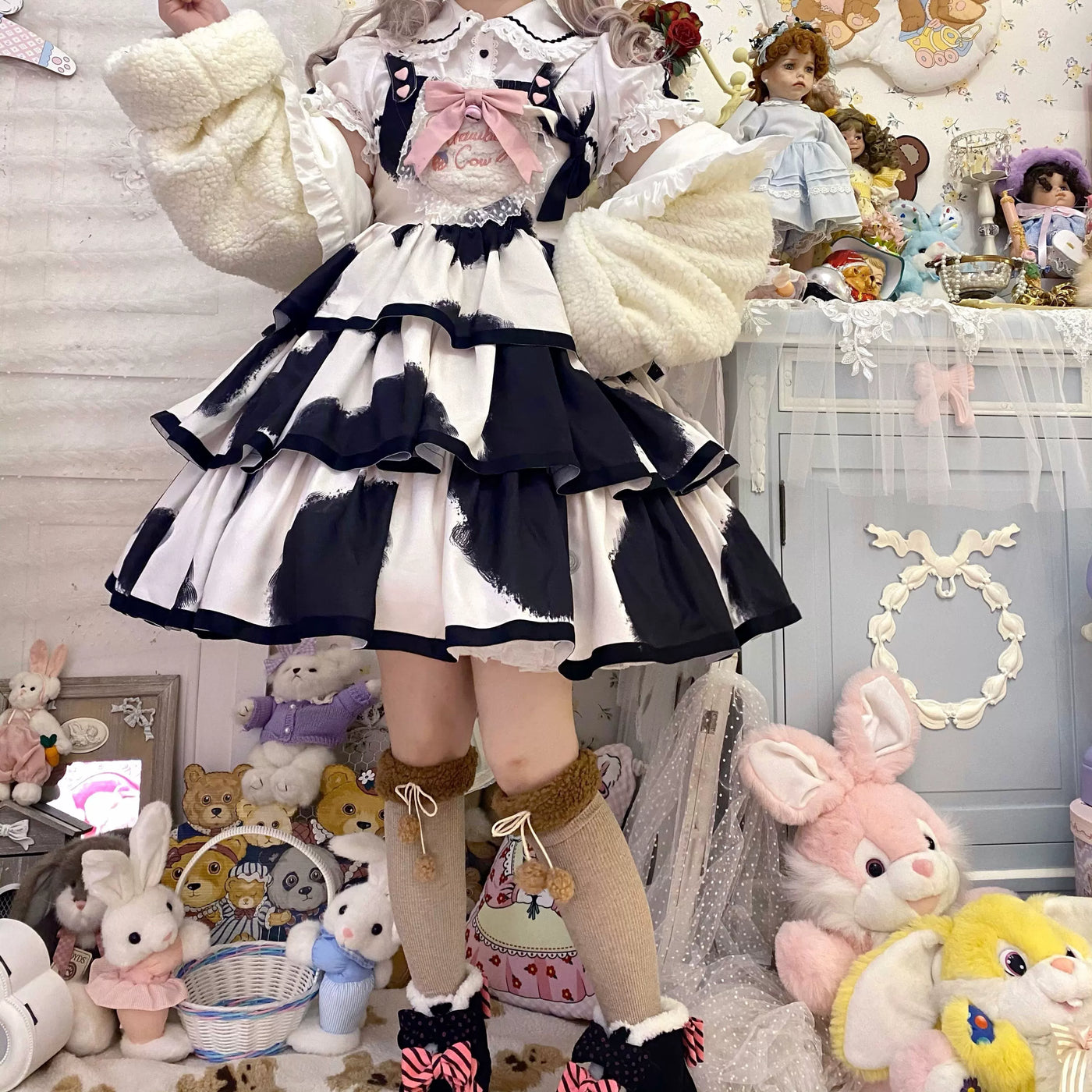 Tata Long Ear - Milk Cake Cow Print - Cow-Print JSK Dress with Three-Section Skirt