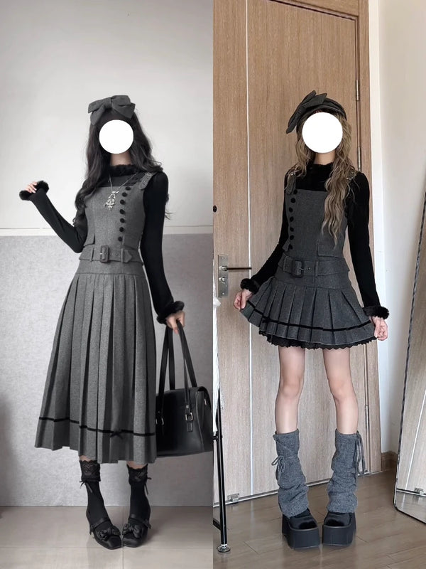 With PUJI - Grey - Classic Lolita Outfit Set, Adjustable Straps product view