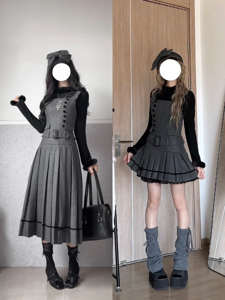 With PUJI - Grey - Classic Lolita Outfit Set, Adjustable Straps