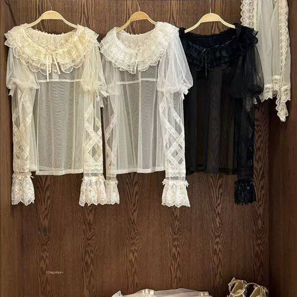Sheer mesh lace inner top with long flared sleeves displayed on a hanger.