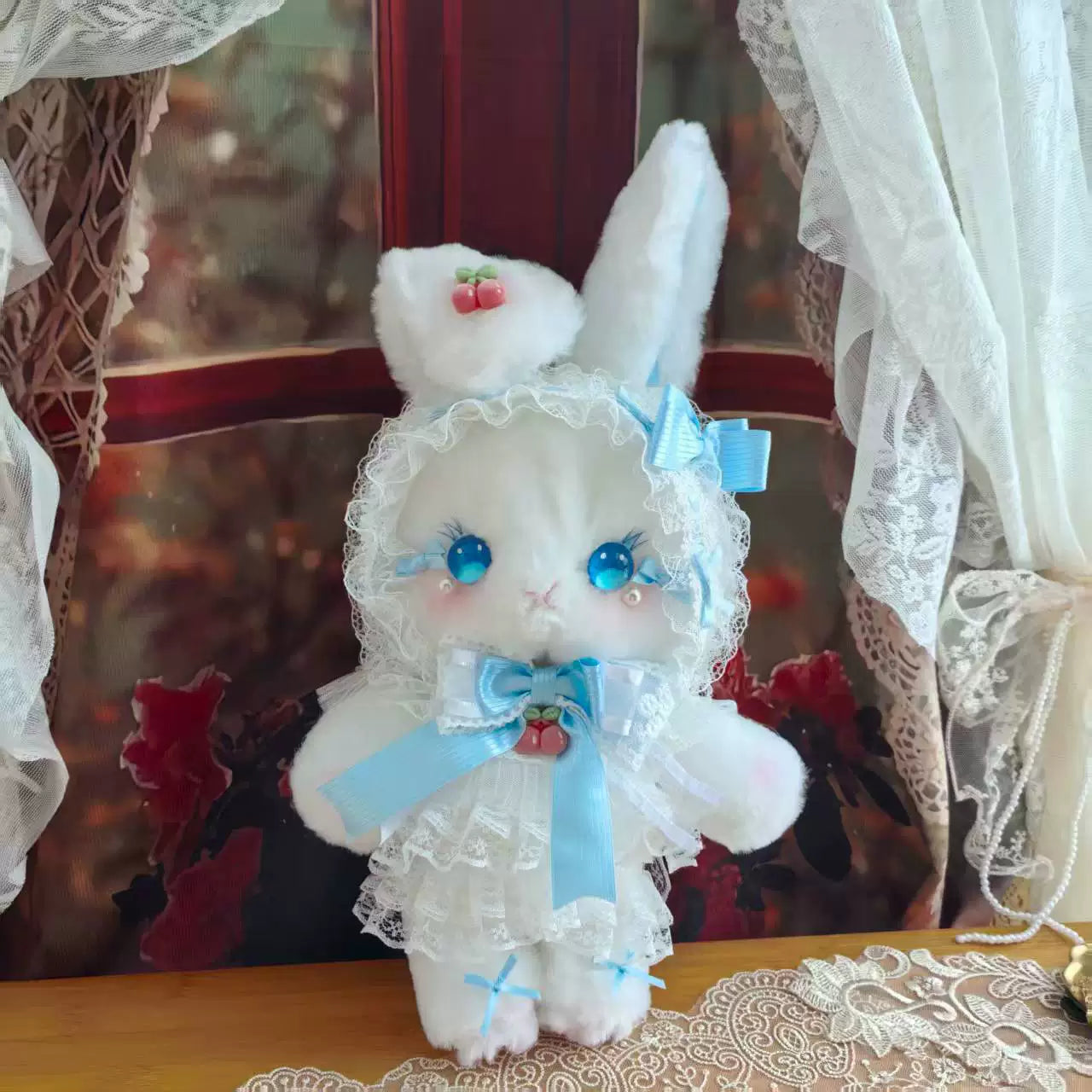 Lolita plush rabbit convertible bag in anime-style blue, hand carry and crossbody configuration