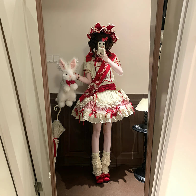 Snow Meow: Strawberry Sweetheart Red and Cream Lolita OP Dress Set