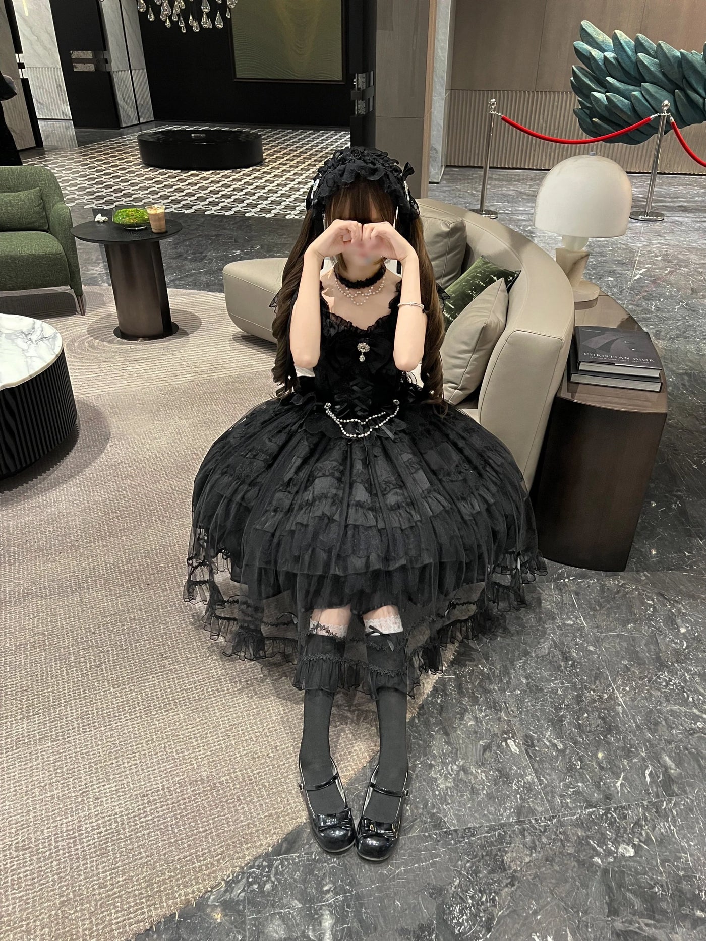 Eternal Vow - Wedding Lolita JSK, Detachable Overlay Black JSK + Tulle Overlay + Back Bow + Headband (choker excluded) S