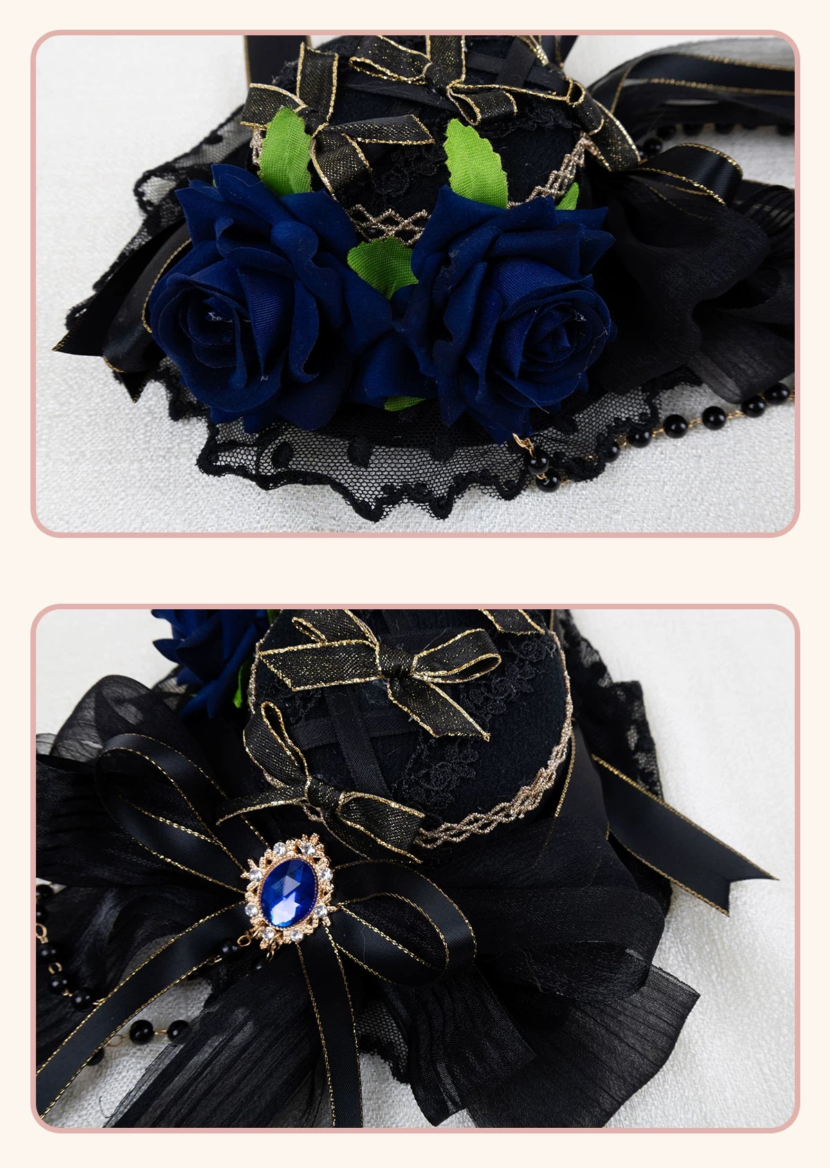 Stardust Rose - Dark Gothic - Black-and-Gold Mini Hat Hair Accessory with Layered Bows