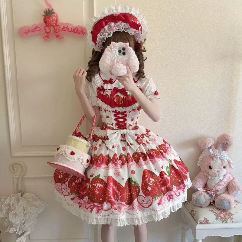 Lady Han Sweet Berry Story Lolita JSK dress featuring a cute, colorful berry print and delicate details on soft fabric.