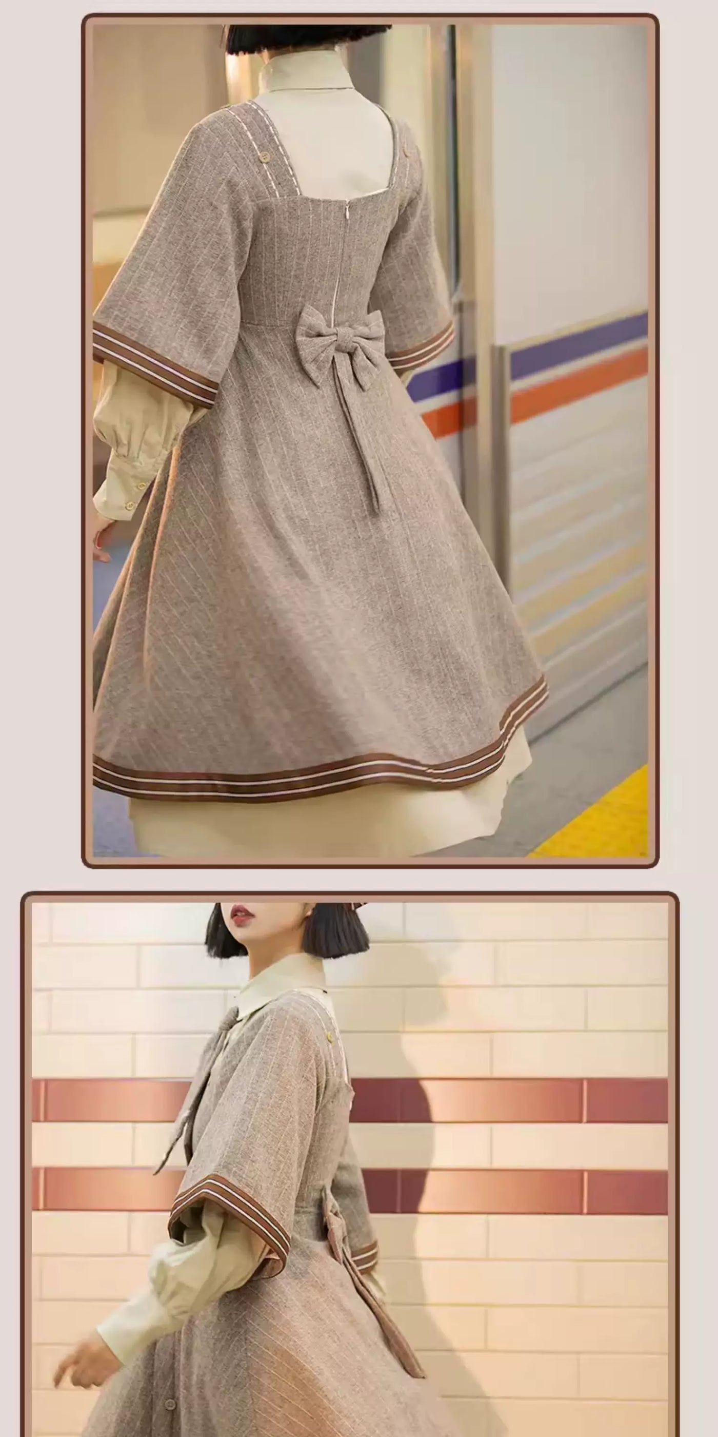 Baozi Pig - Detective Era - One-Piece Dress and Woolen Coat Set with Pinstripes