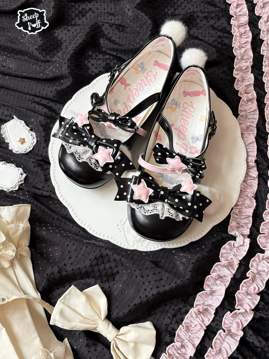 Sheep Puff Puppy Gummy Pro Lolita shoes featuring cute sheep and puppy designs, with a pastel color palette and lace details.