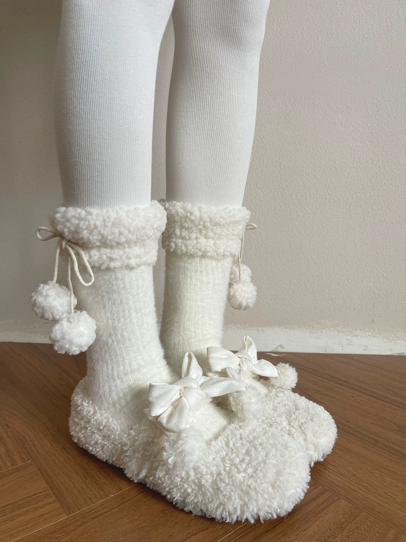 Sock Noble - Winter Pom-Pom - Plush-Trim Slouch Socks with Pom-Pom Ties