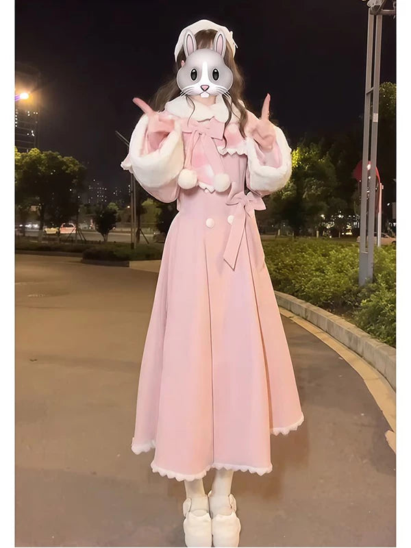 Creamy - Pink Plaid Winter - Pink Plaid Cape and Long Coat Set