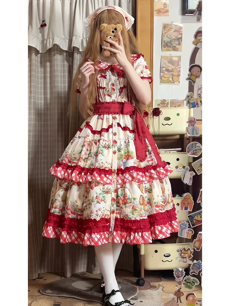 Dream Bunny - December Strawberry Field - Strawberry-Print One-Piece Dress with Red Gingham Ruffles