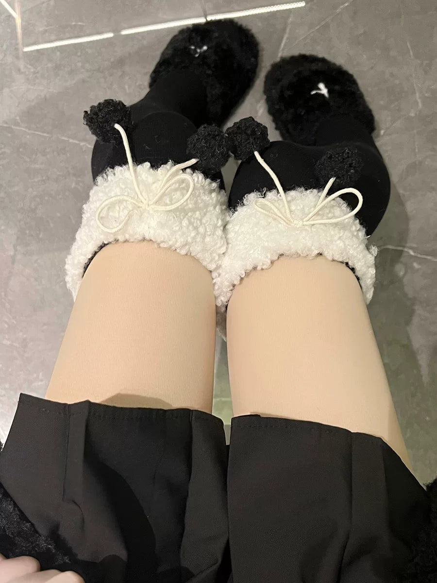 Floral Milk Cat - Winter Pom-Pom - Plush-Trim Thigh-High Socks with Pom-Pom Details