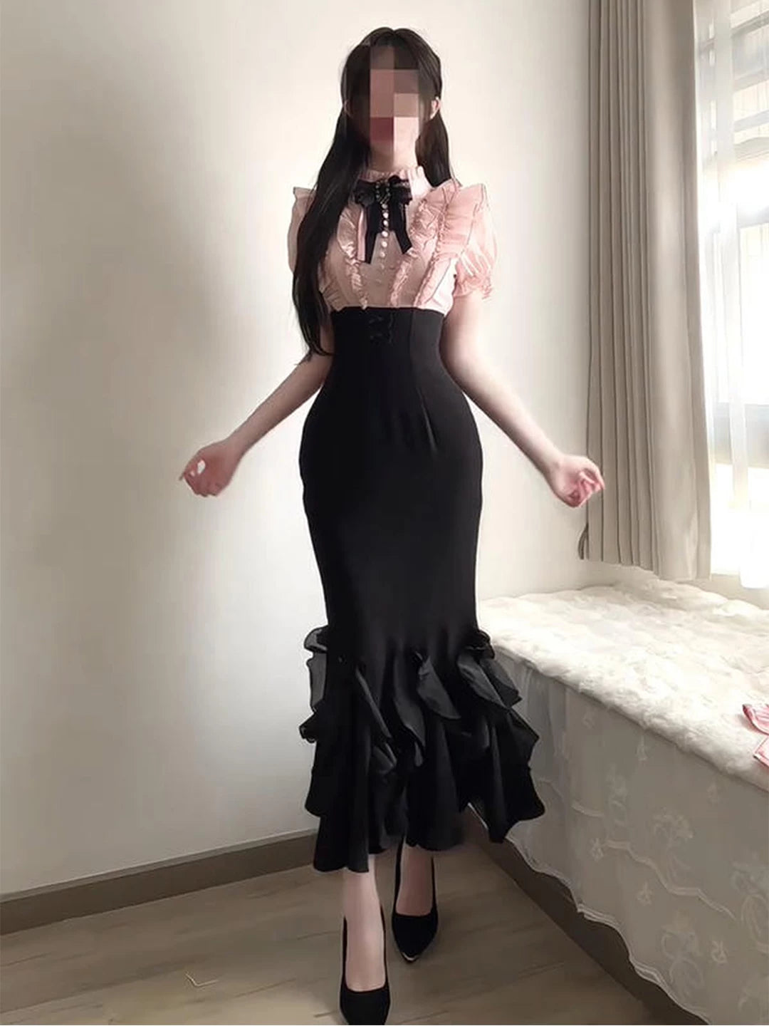Creamy - Black-Pink Mermaid Lace - Black-Pink OP Dress with a Mermaid Hem