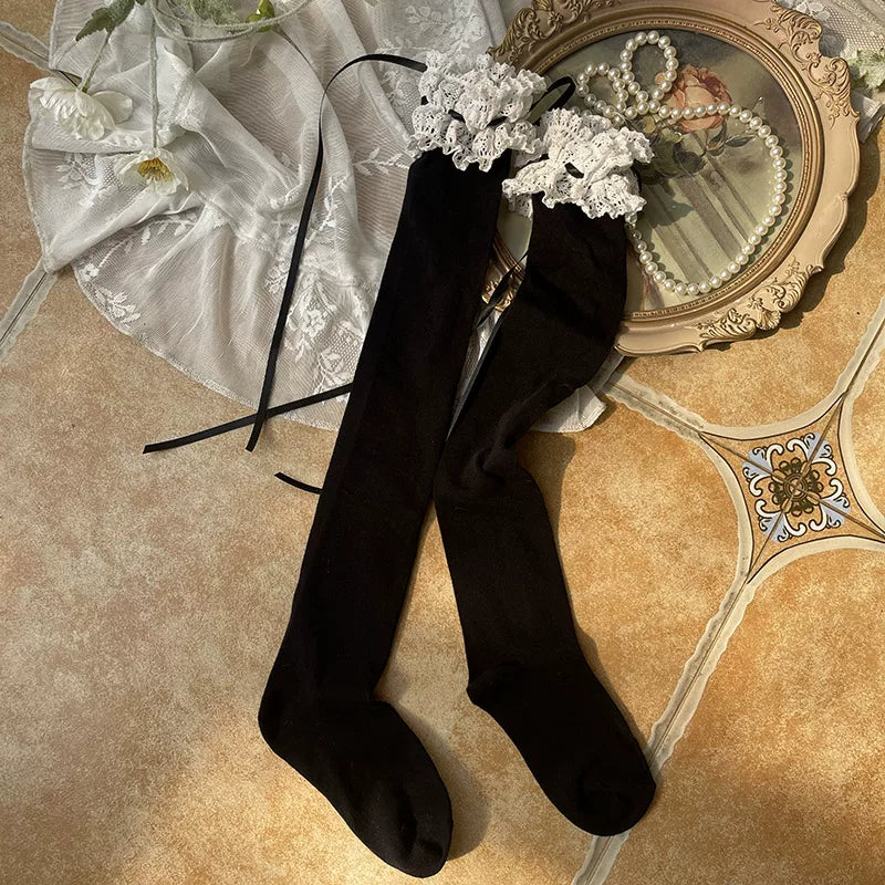 Sock Noble - Ribbon Lace - Thigh-High Socks with Ruffled Lace Cuffs