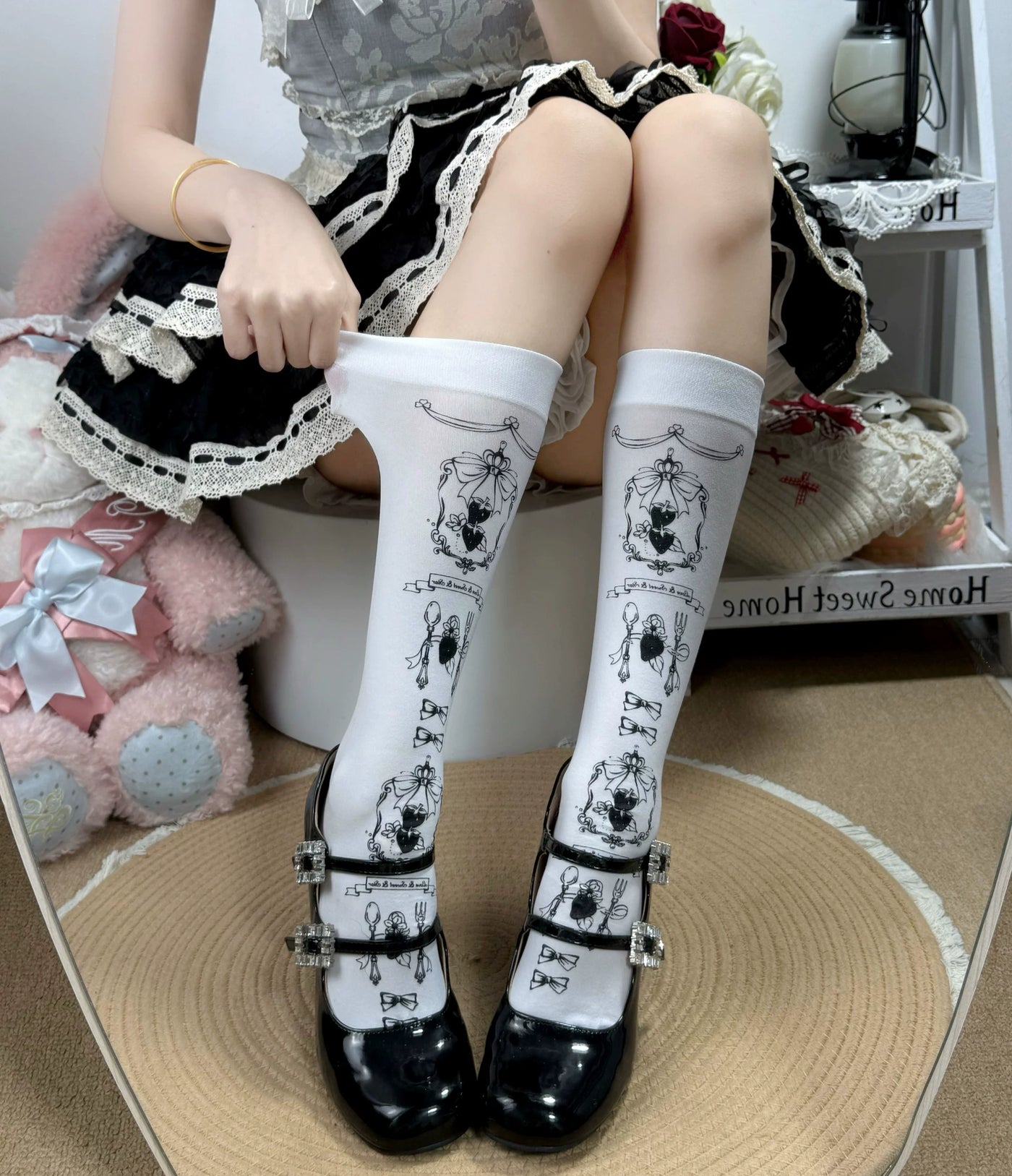 Fantasy Doll - Sweet Cartoon - White or black Lolita calf socks with ornate cartoon print