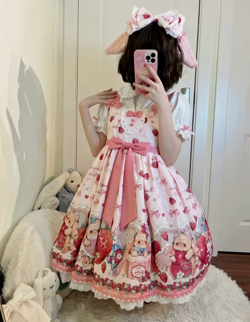 Sweetheart Dream Machine - Rabbit Strawberry Gift Box - Pink JSK Dress with a Rabbit-and-Strawberry Print