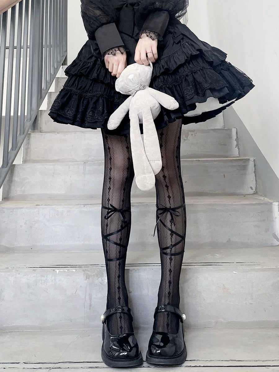Floral Milk Cat - Ribbon Line - Lace-up tights
