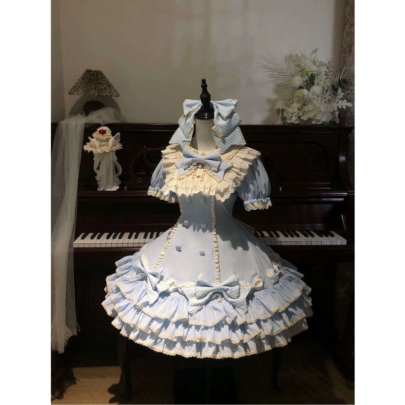 Creamy - Blue Stripe Cake Skirt - Layered Ruffle Lolita Dress with Bow Headpiece