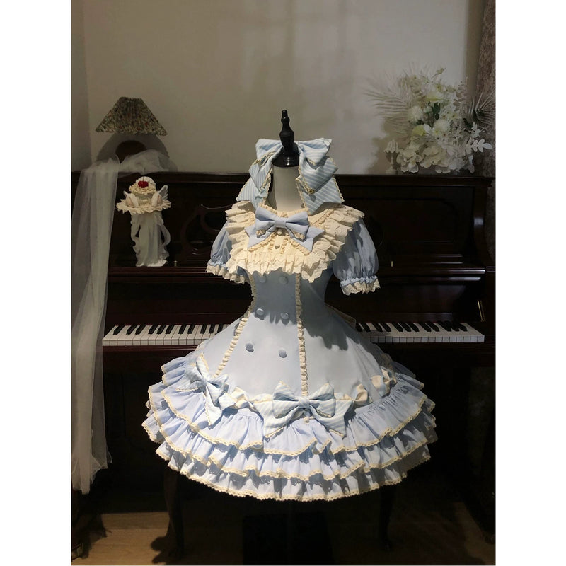 Creamy - Blue Stripe Cake Skirt - Layered Ruffle Lolita Dress with Bow Headpiece