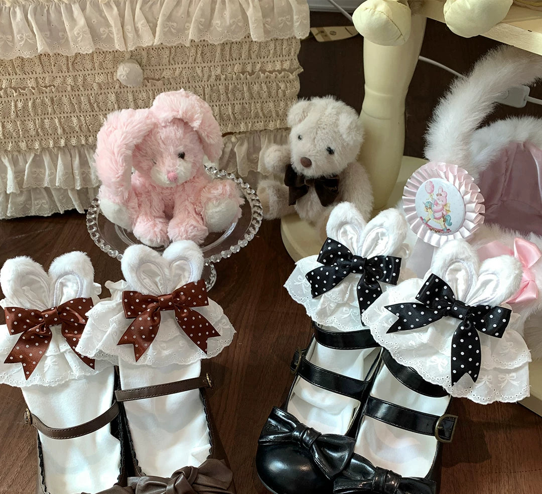 roji roji - Bunny Bow - Lace-Trimmed Short Socks with Polka-Dot Bows