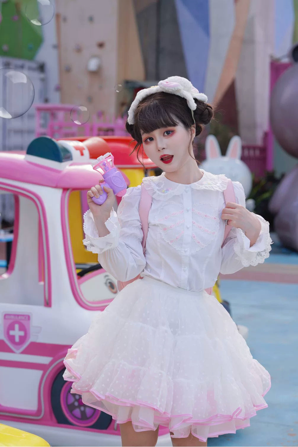 Galette Bunny - Heart Bobo - Cotton Long-Sleeve Blouse with Heart Panel