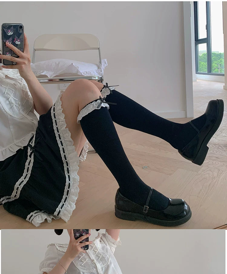 roji roji - Victorian Lace Bow - Black and White Mid-Calf Socks with Lace Trim