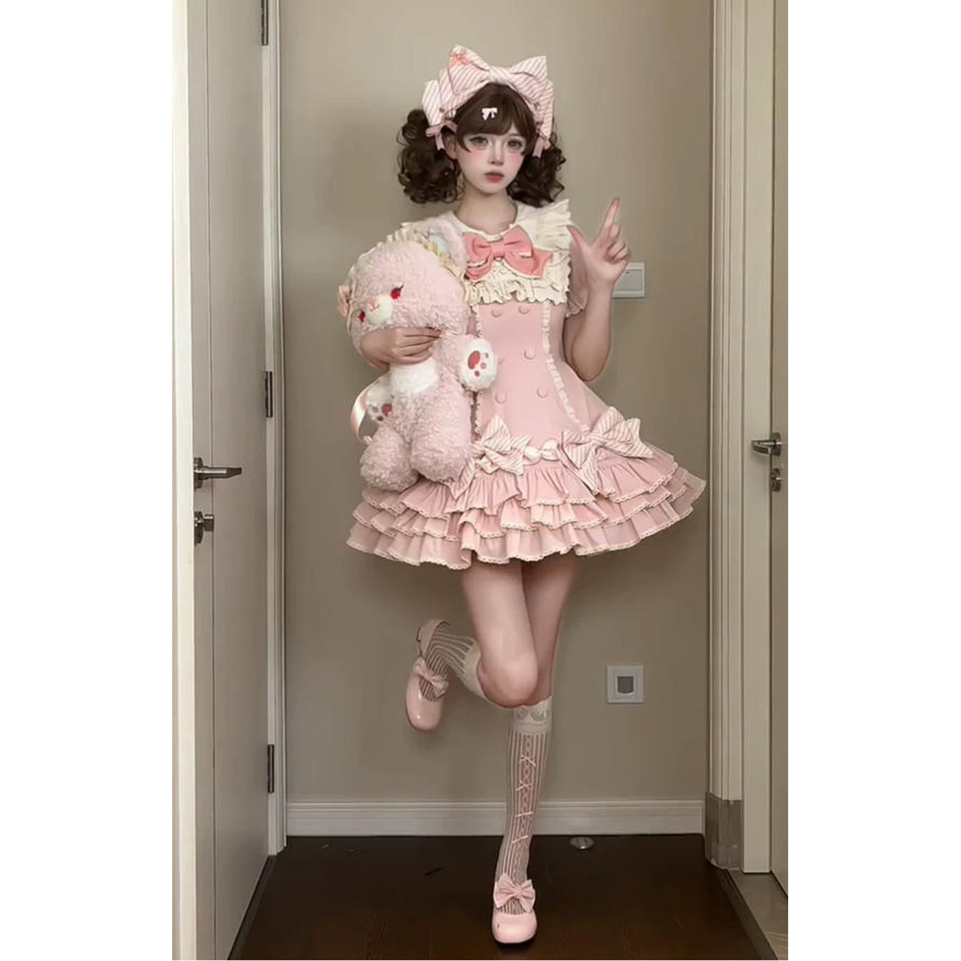 Creamy - Pink Layered Cake - Pink Striped Sweet Lolita Dress with Bow Headpiece