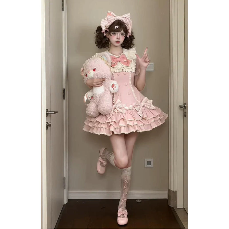 Creamy - Pink Layered Cake - Pink Striped Sweet Lolita Dress with Bow Headpiece