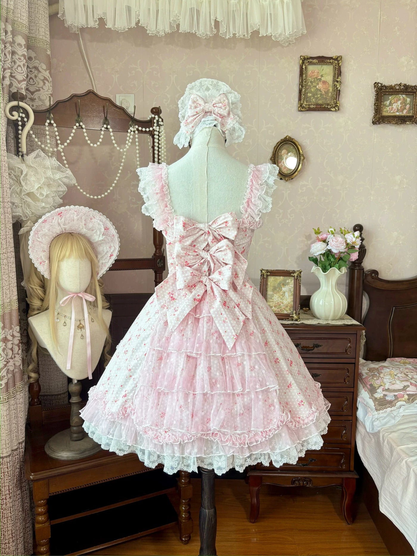 Strawberry Sweetie Bear - Spring Bud - Old School Lolita Floral Print JSK Dress, Layered Skirt