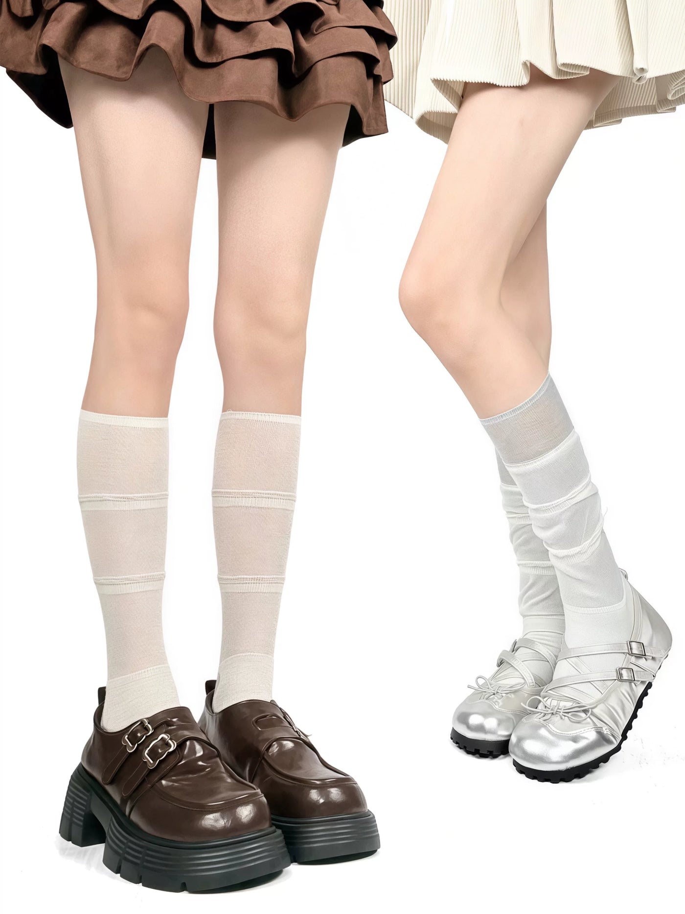 White Socks - Ruffle Slouch - Slouch Mid-Calf Socks with Ruffle Bands