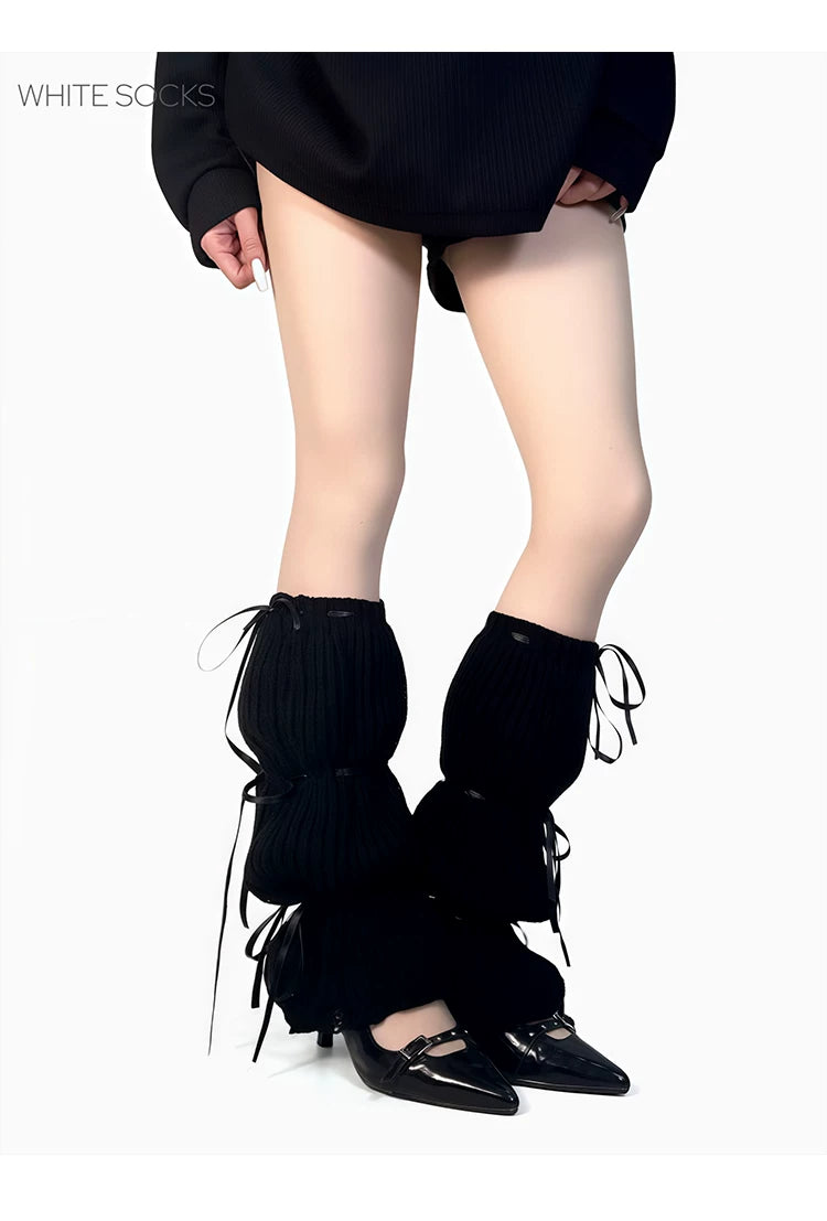 White Socks - Ribbon-Tie Knit - Gathered Calf Leg Warmers with Black Ribbon Ties