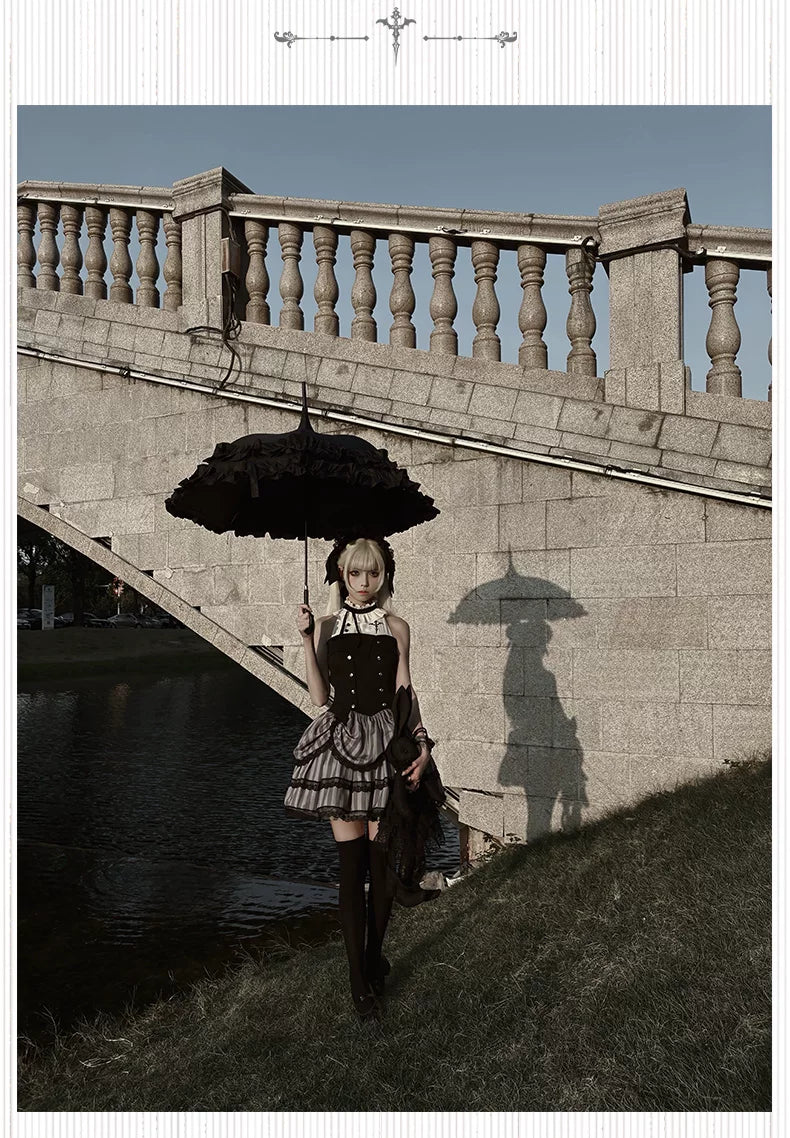 Baozi Pig - Witch's Shop - Gothic OP Dress with Corset-Style Bodice and Striped Skirt