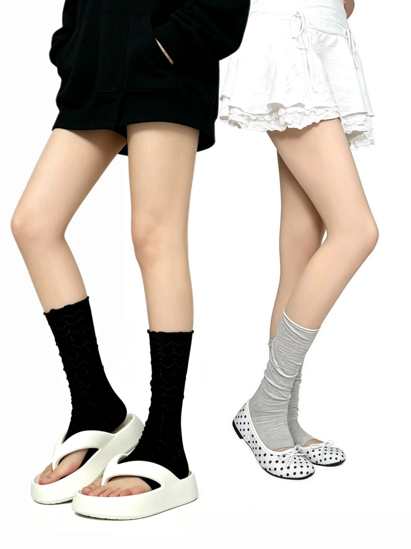 White Socks - Mary Jane Layering - Toeless Scrunched Socks with a Ribbed Texture