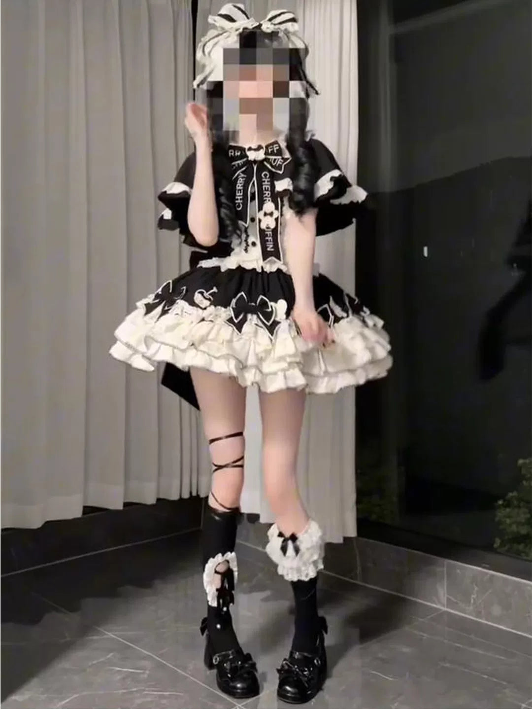 Creamy - Black Cream Patisserie - Black Lolita Dress Set with Cape and Train
