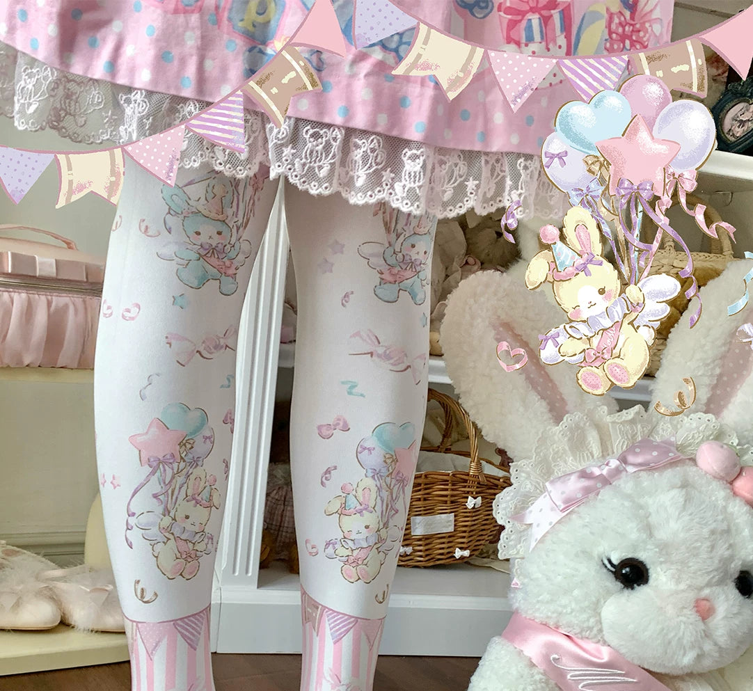 roji roji - Momo Celebration - Pastel Velvet Printed Tights with Bunny Motifs