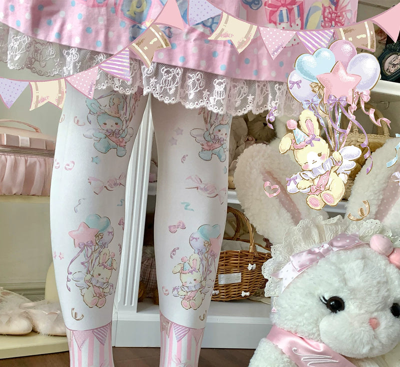 roji roji - Momo Celebration - Pastel Velvet Printed Tights with Bunny Motifs