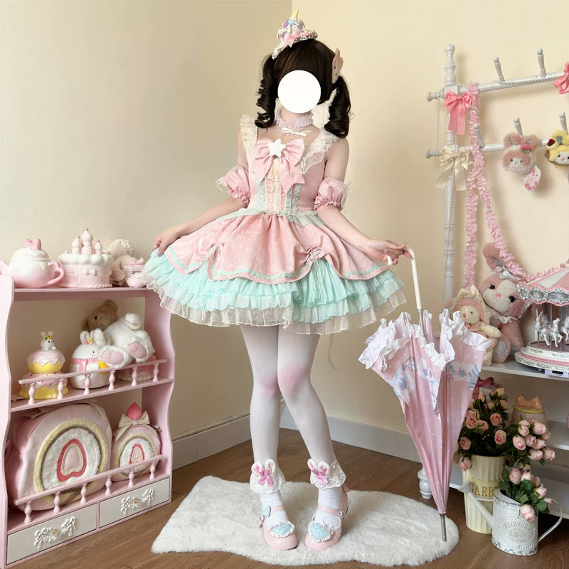 Lady Han Star Wish cute JSK dress featuring a celestial star print in soft pastel colors, displayed on a mannequin.