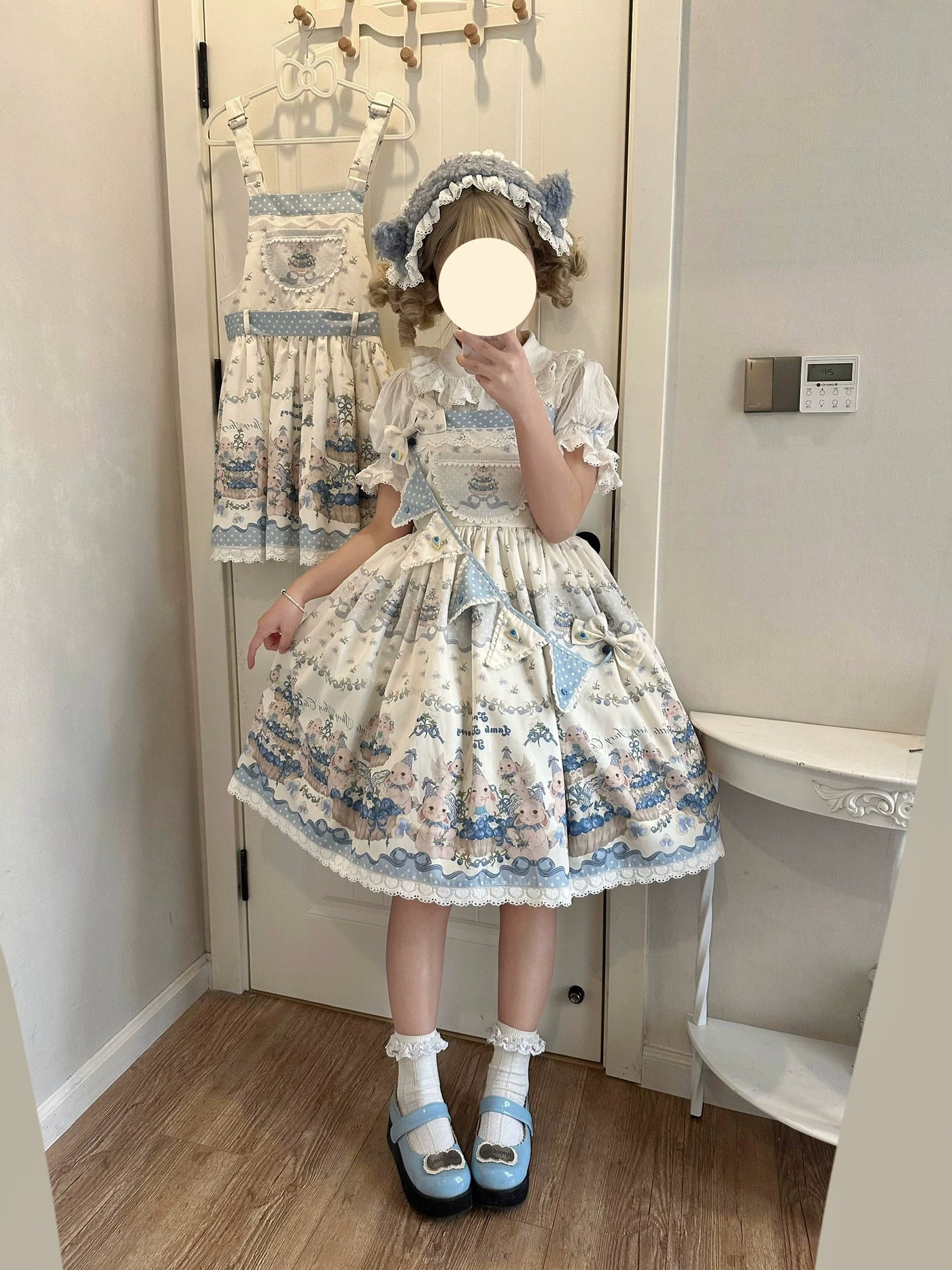 GZYRZ - Little Sheep's Blueberry Tart Party - Cream and Blue Printed JSK with Polka-Dot Straps