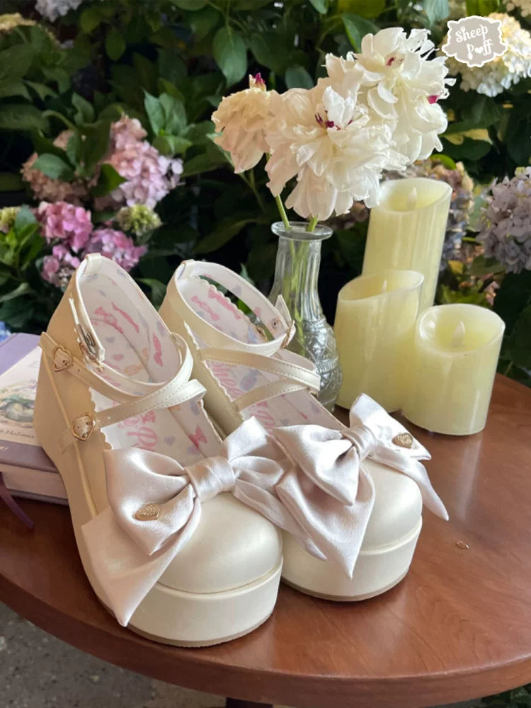 Sheep Puff Satin Doll Platform Lolita Shoes with rounded toe and satin finish, featuring decorative bows and chunky heels.