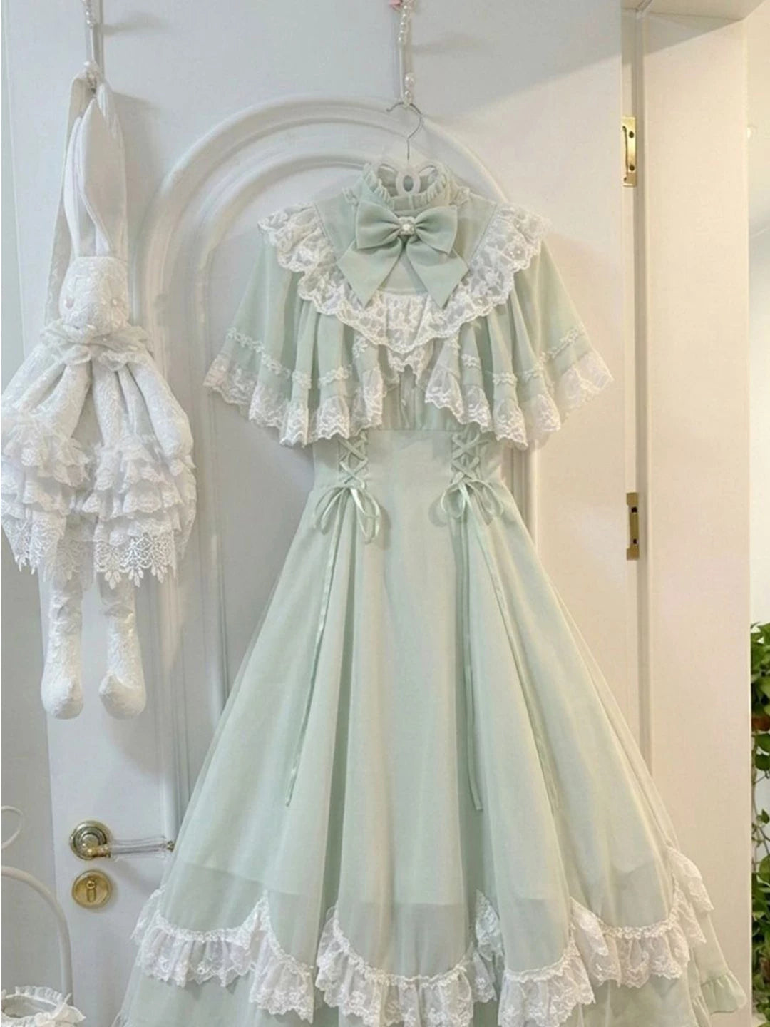 Creamy - Green Lace Cape - One-Piece Dress with Lace Cape and Ruffled Hem