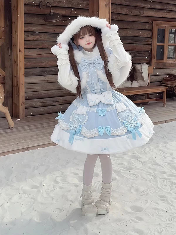 Creamy - Winter Cape - Lolita Dress Set with a Fluffy-Trimmed Cape