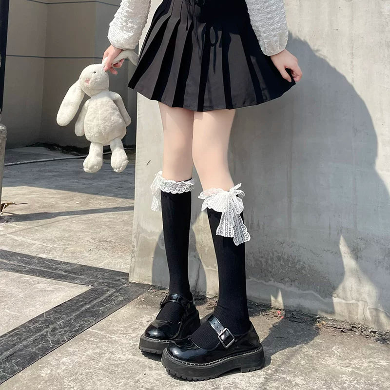 Floral Milk Cat - Lace Bow Tube - Tube Socks with Lace Cuffs and Bow Ties