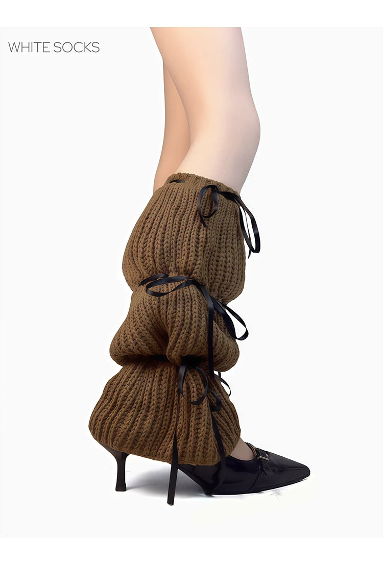 White Socks - Ribbon-Tie Knit - Gathered Calf Leg Warmers with Black Ribbon Ties