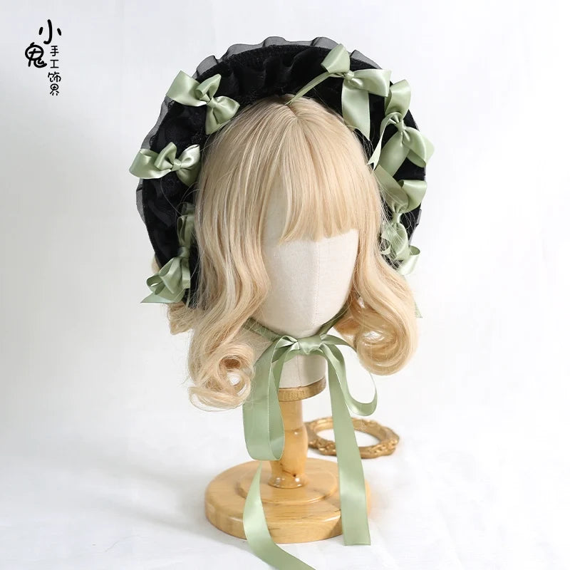 Xiaogui - Classic Lolita Lace Bonnet Hat - Detachable Bows Headwear