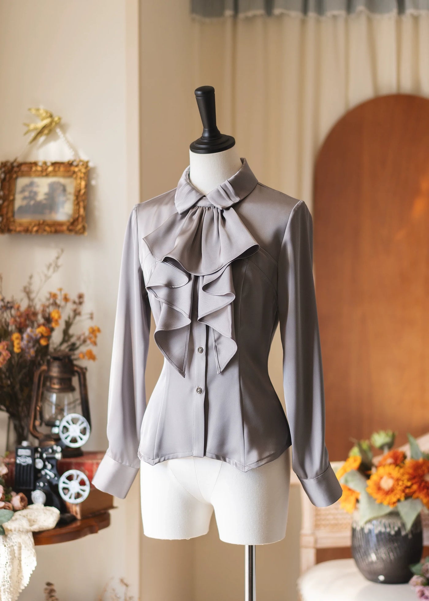 Forest Dew - Elegant Lolita Slim Fit Shirt, Detachable Jabot Gray Shirt S
