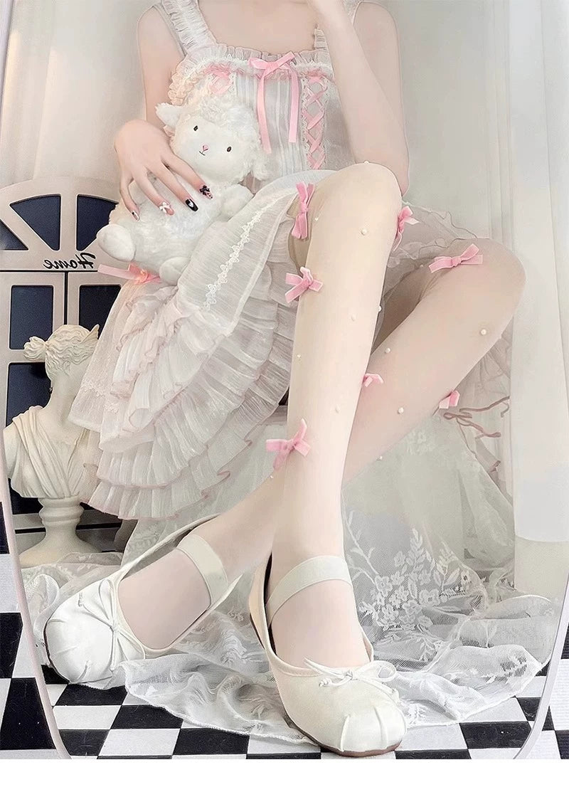 Floral Milk Cat - Ribbon Bow Sheer - Snag-Resistant Pantyhose with Ribbon Bows