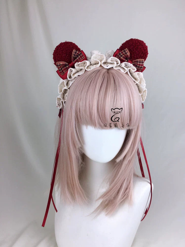 Little Red Riding Hood Burgundy Plaid Ear Headband & Clips — Lace Headband + Detachable Bear-Ear Clips