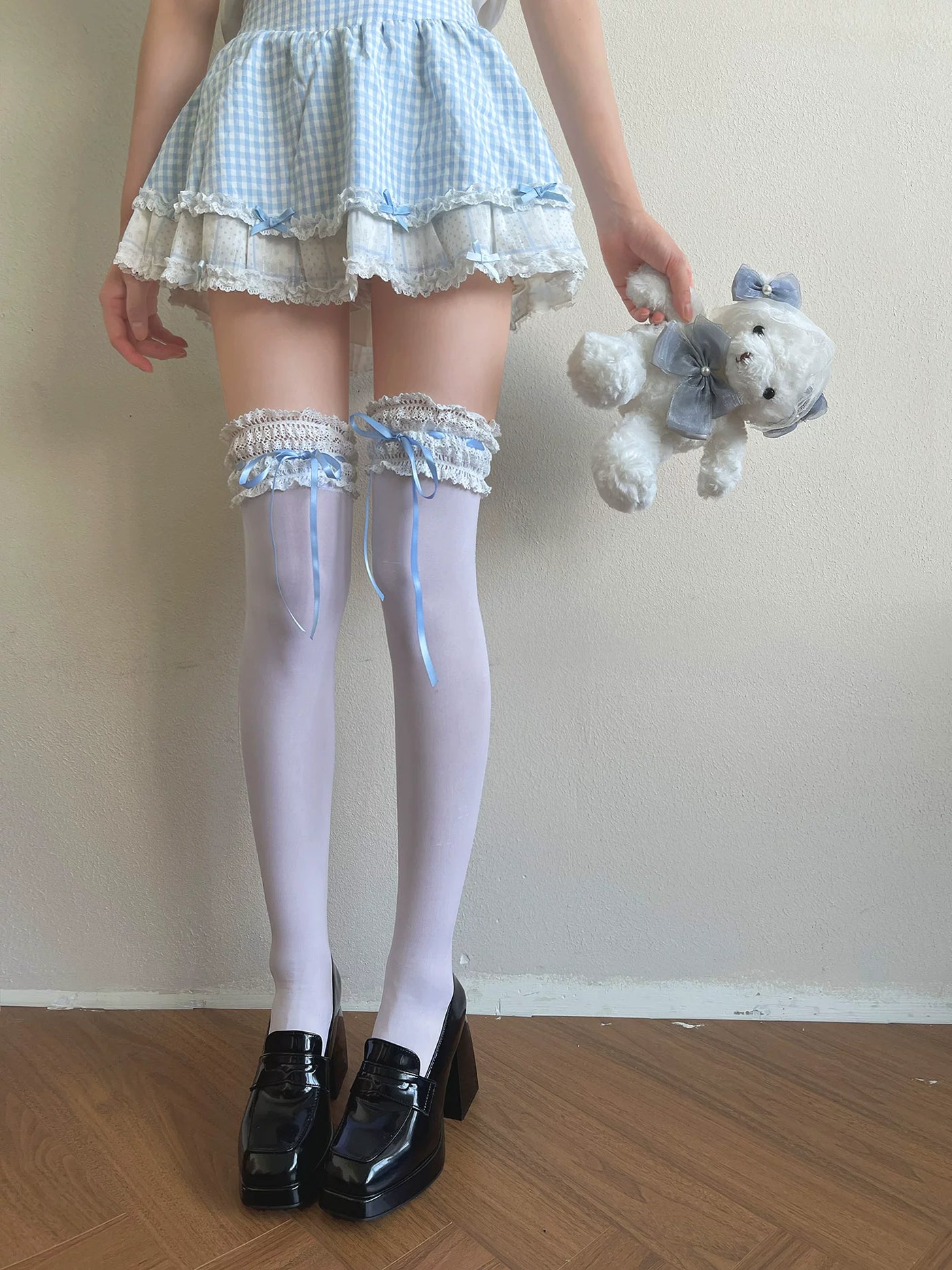 Sock Noble - Blue Ribbon Lace - Velvet Over-the-Knee Socks with Lace Trim